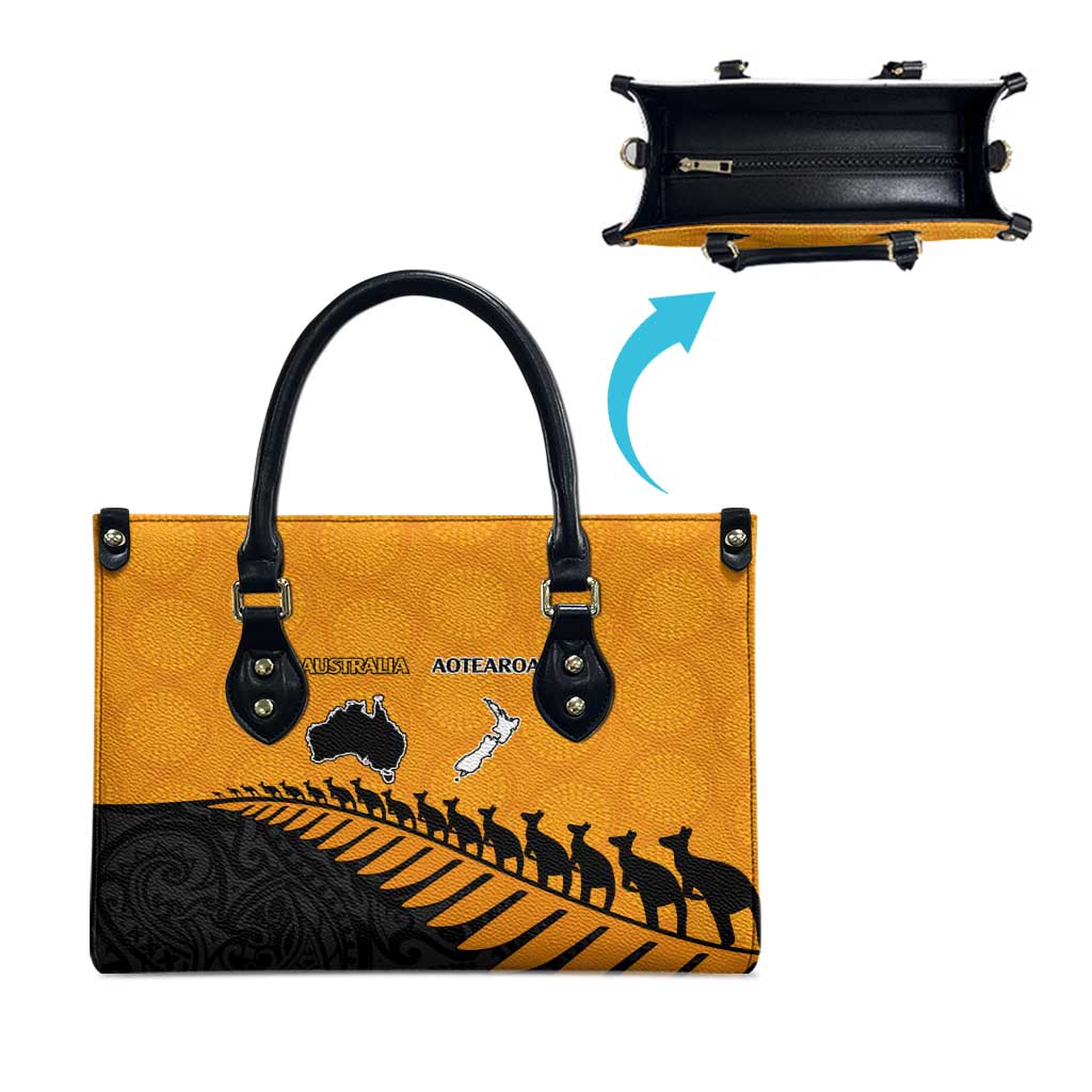 Australia New Zealand Rugby Leather Bag Gold Aboriginal Wallabies and Maori Black Fern - Aussie Hoodie