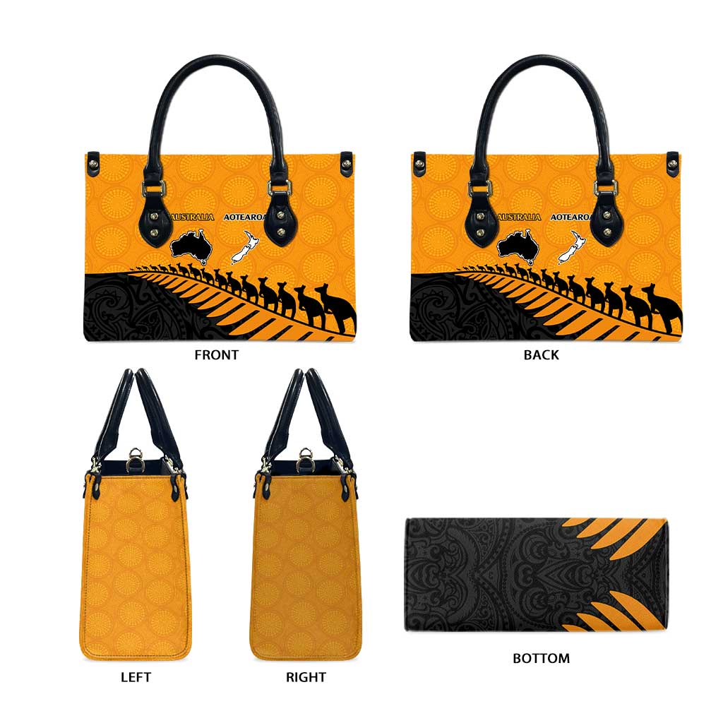 Australia New Zealand Rugby Leather Bag Gold Aboriginal Wallabies and Maori Black Fern - Aussie Hoodie