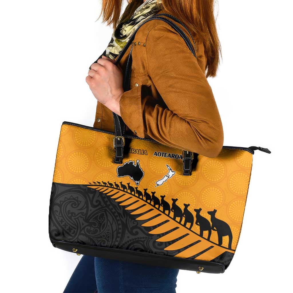 Australia New Zealand Rugby Leather Tote Bag Gold Aboriginal Wallabies and Maori Black Fern - Aussie Hoodie