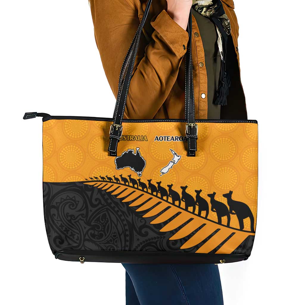 Australia New Zealand Rugby Leather Tote Bag Gold Aboriginal Wallabies and Maori Black Fern - Aussie Hoodie