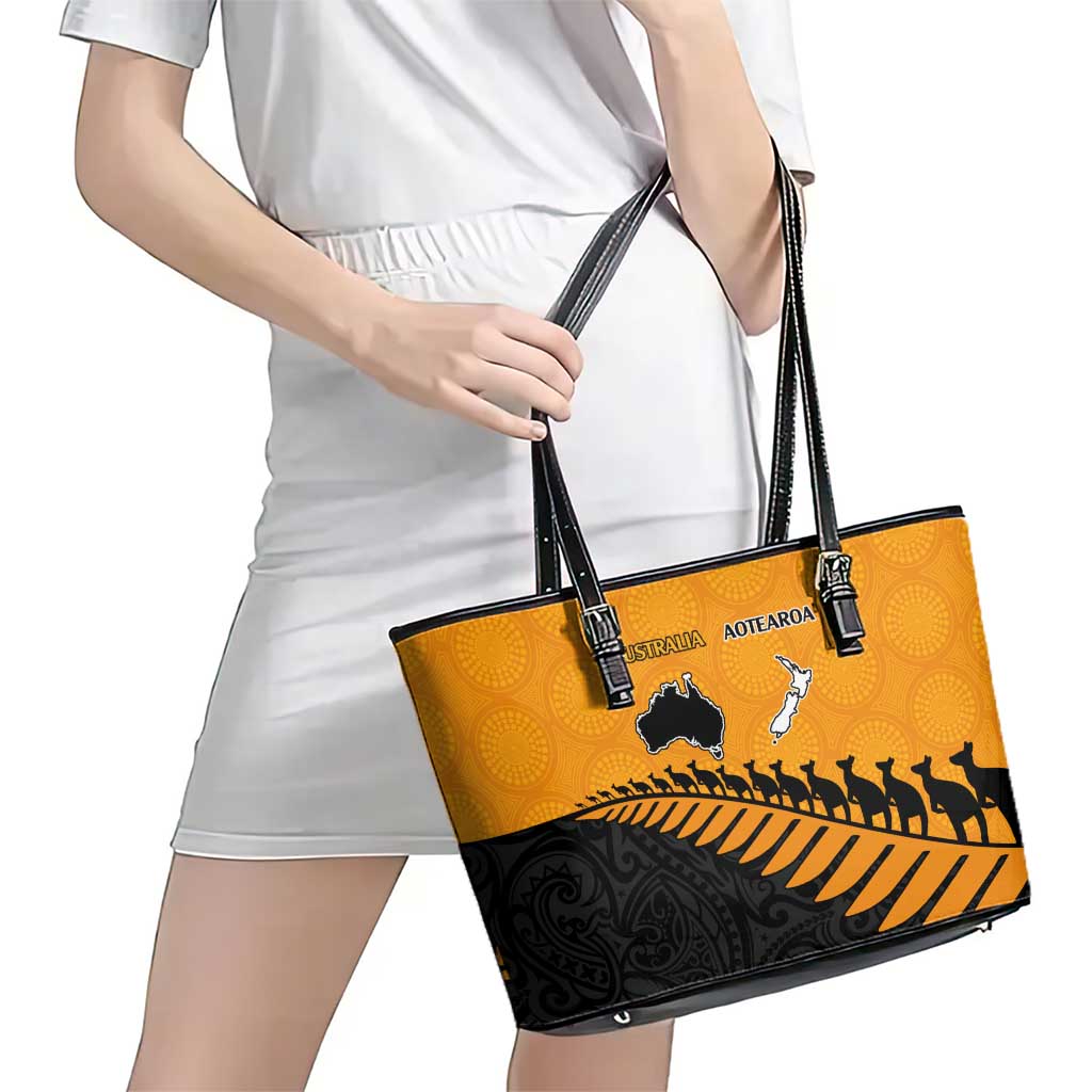 Australia New Zealand Rugby Leather Tote Bag Gold Aboriginal Wallabies and Maori Black Fern - Aussie Hoodie