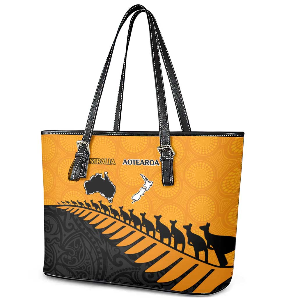 Australia New Zealand Rugby Leather Tote Bag Gold Aboriginal Wallabies and Maori Black Fern - Aussie Hoodie