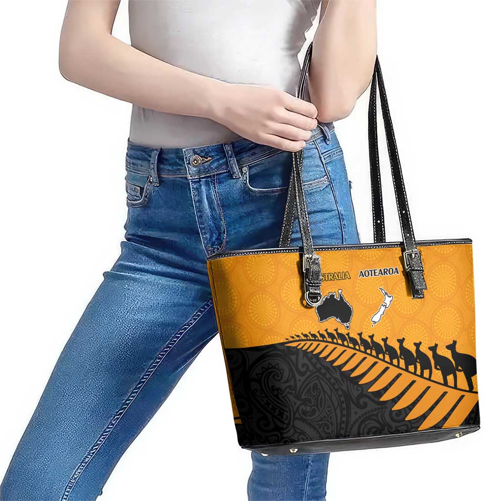 Australia New Zealand Rugby Leather Tote Bag Gold Aboriginal Wallabies and Maori Black Fern - Aussie Hoodie