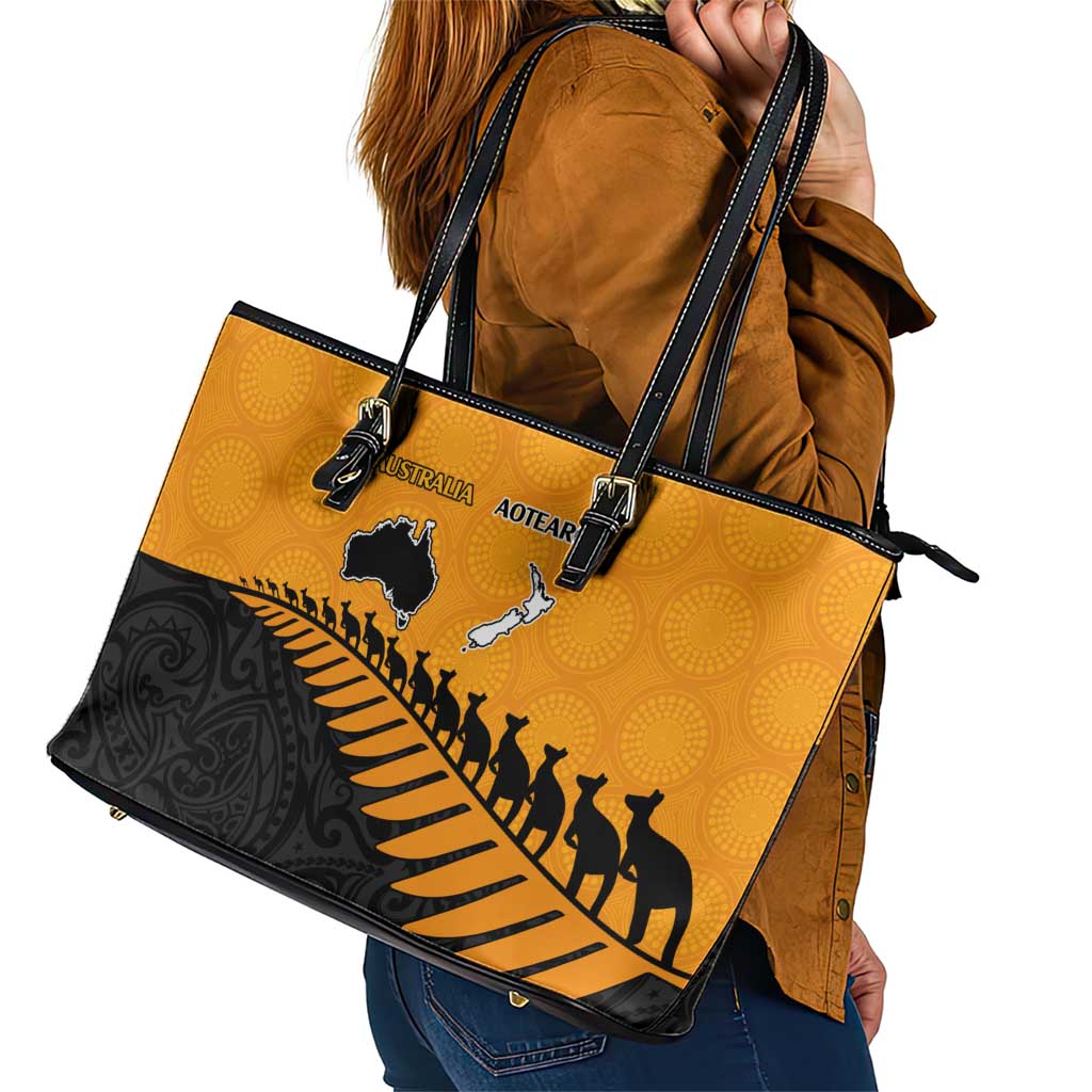 Australia New Zealand Rugby Leather Tote Bag Gold Aboriginal Wallabies and Maori Black Fern - Aussie Hoodie