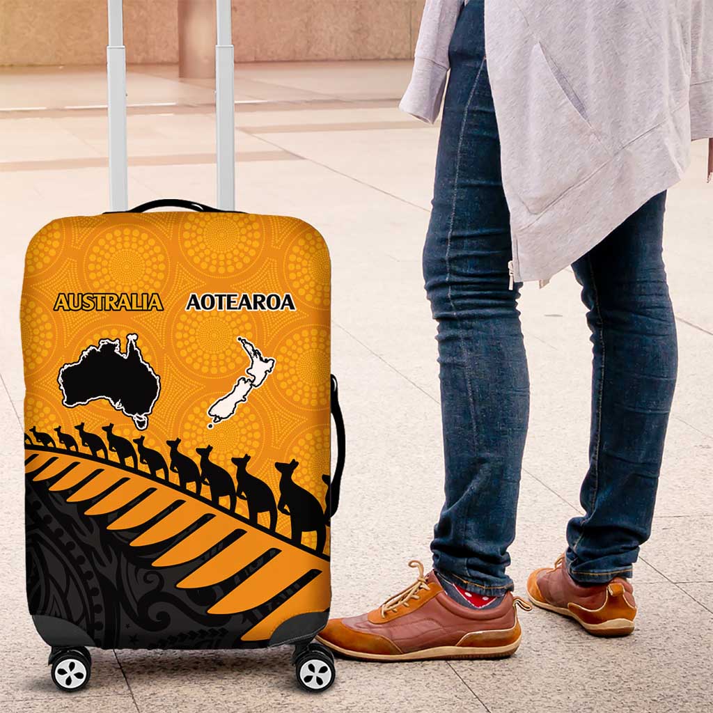 Australia New Zealand Rugby Luggage Cover Gold Aboriginal Wallabies and Maori Black Fern - Aussie Hoodie