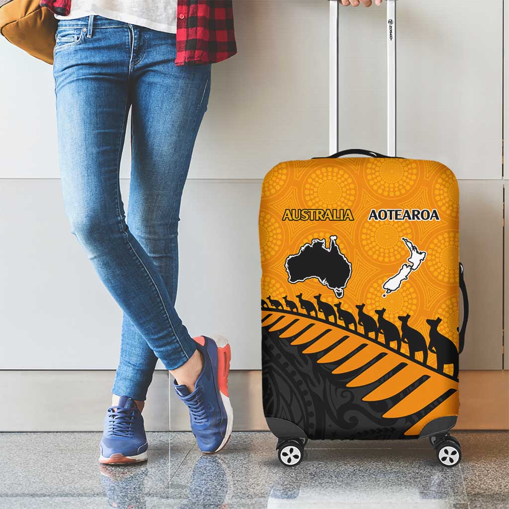 Australia New Zealand Rugby Luggage Cover Gold Aboriginal Wallabies and Maori Black Fern - Aussie Hoodie