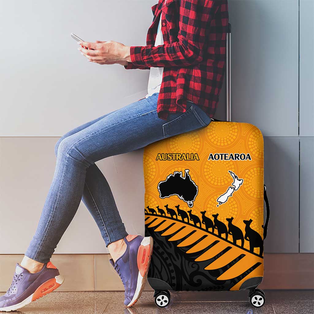 Australia New Zealand Rugby Luggage Cover Gold Aboriginal Wallabies and Maori Black Fern - Aussie Hoodie