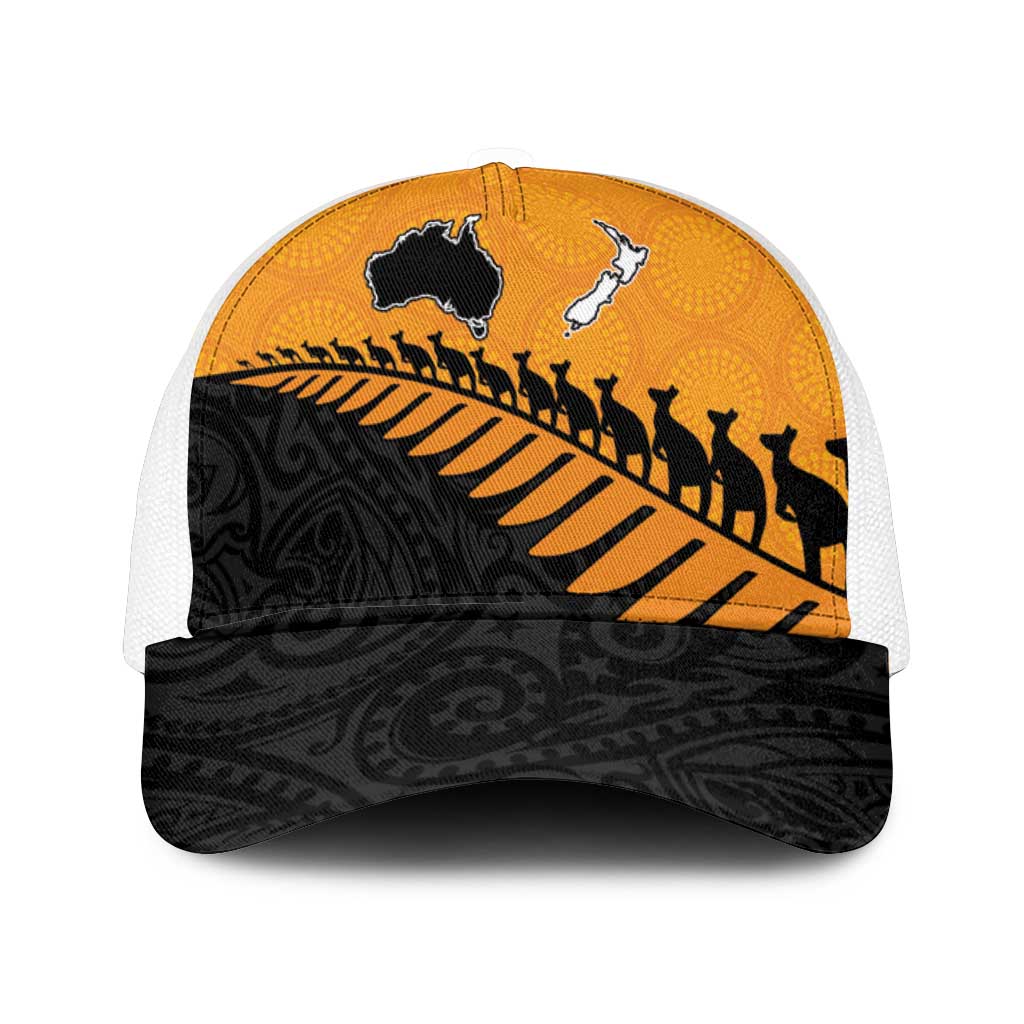 Australia New Zealand Rugby Mesh Trucker Cap Gold Aboriginal Wallabies and Maori Black Fern - Aussie Hoodie