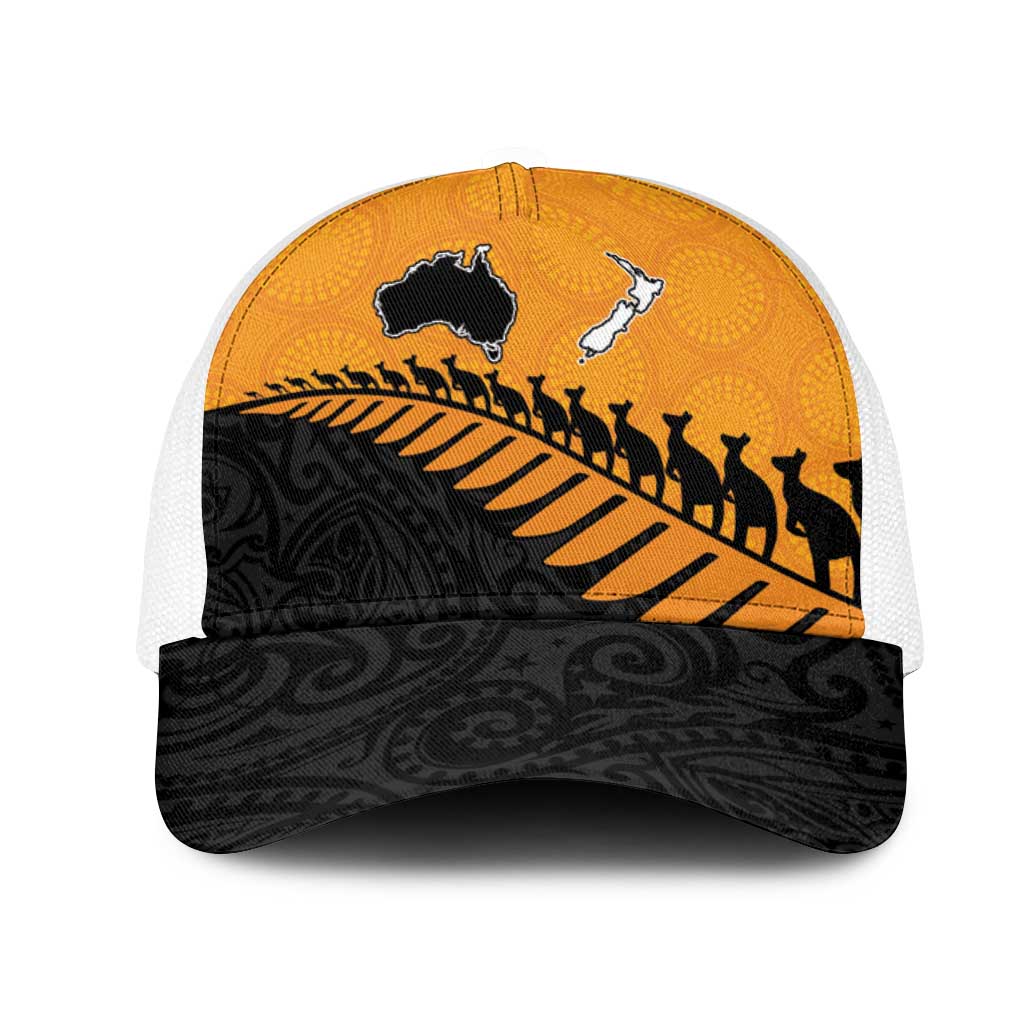 Australia New Zealand Rugby Mesh Trucker Cap Gold Aboriginal Wallabies and Maori Black Fern - Aussie Hoodie