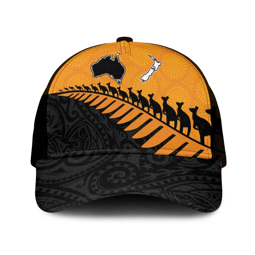 Australia New Zealand Rugby Mesh Trucker Cap Gold Aboriginal Wallabies and Maori Black Fern - Aussie Hoodie