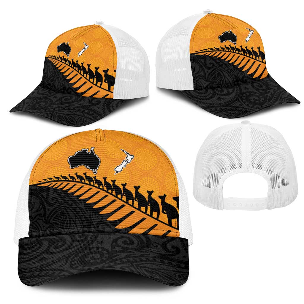 Australia New Zealand Rugby Mesh Trucker Cap Gold Aboriginal Wallabies and Maori Black Fern - Aussie Hoodie