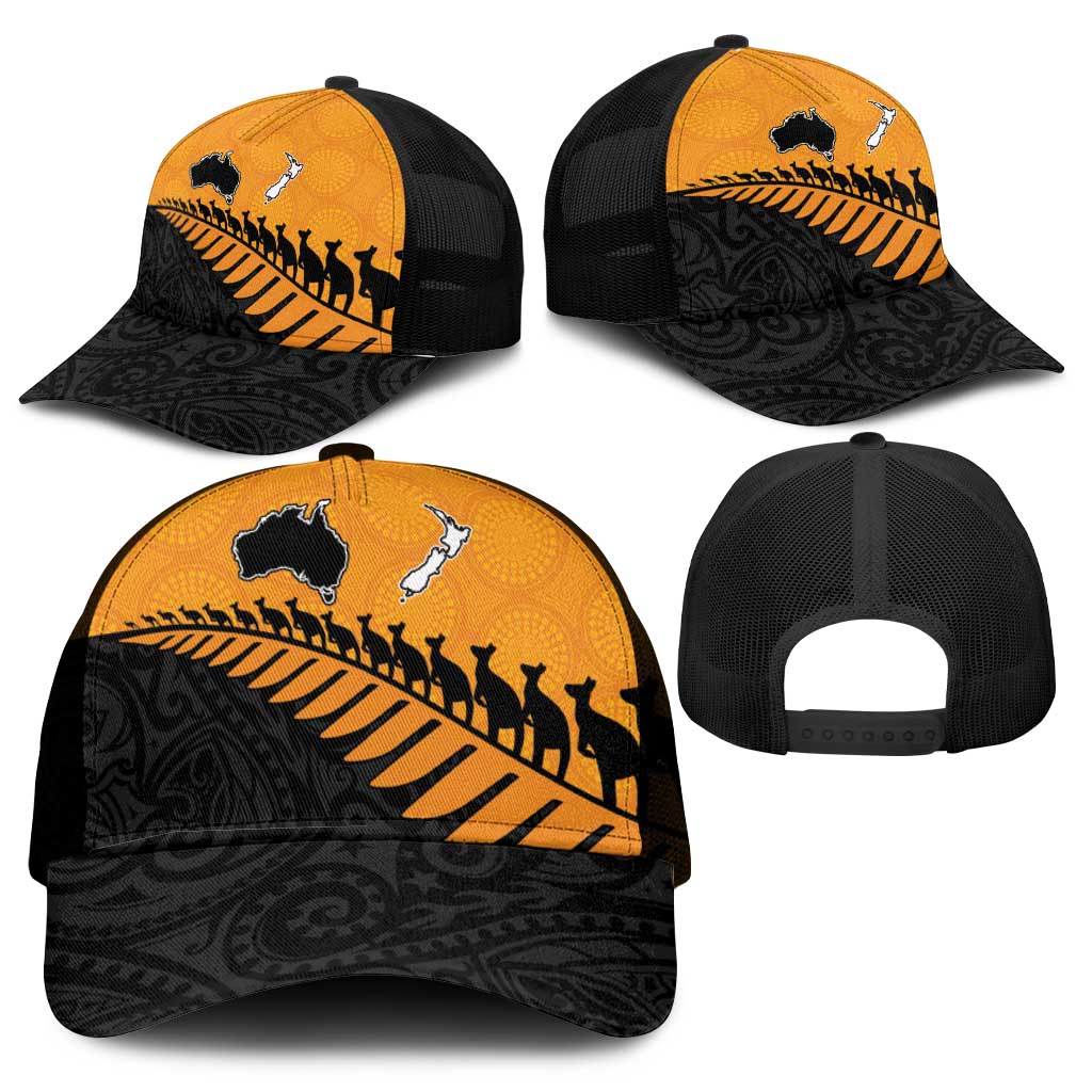 Australia New Zealand Rugby Mesh Trucker Cap Gold Aboriginal Wallabies and Maori Black Fern - Aussie Hoodie
