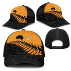 Australia New Zealand Rugby Mesh Trucker Cap Gold Aboriginal Wallabies and Maori Black Fern - Aussie Hoodie