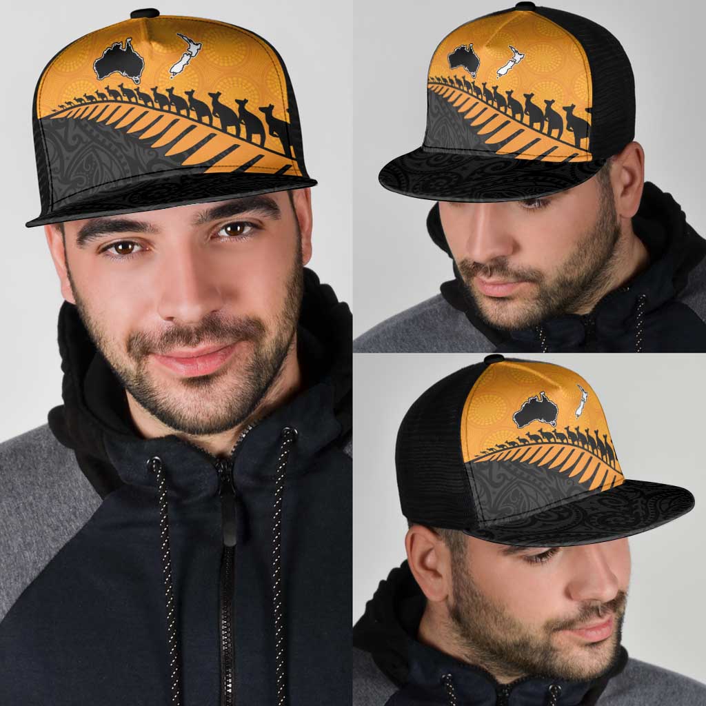 Australia New Zealand Rugby Mesh Trucker Cap Gold Aboriginal Wallabies and Maori Black Fern - Aussie Hoodie