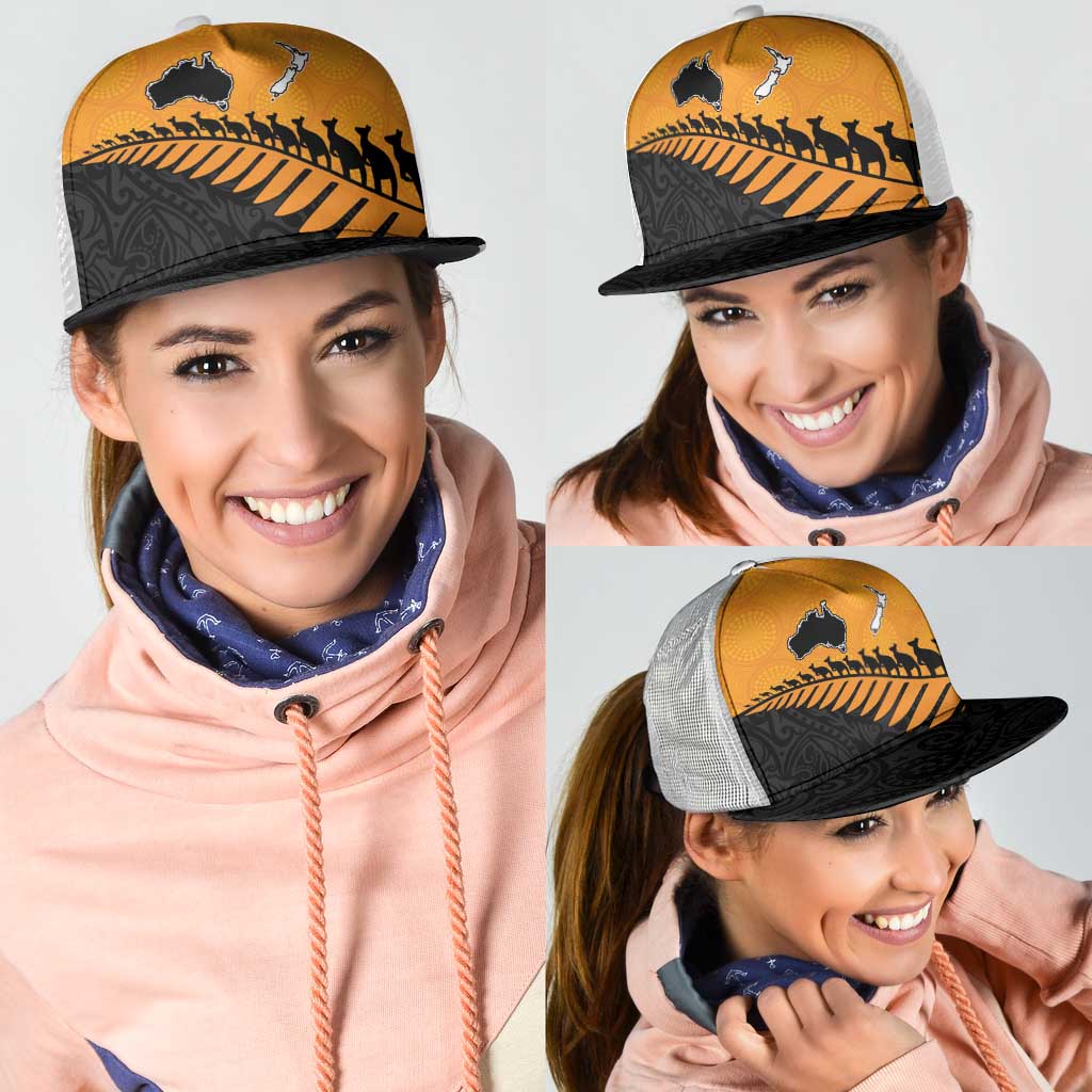 Australia New Zealand Rugby Mesh Trucker Cap Gold Aboriginal Wallabies and Maori Black Fern - Aussie Hoodie