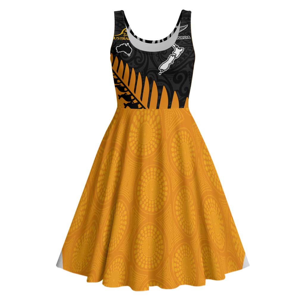 Australia New Zealand Rugby Midi Dress Gold Aboriginal Wallabies and Maori Black Fern - Aussie Hoodie
