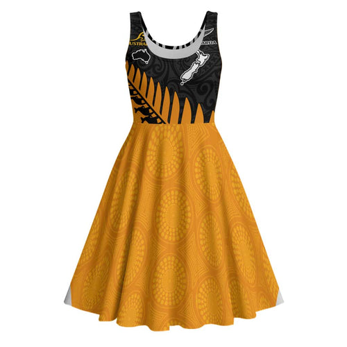 Australia New Zealand Rugby Midi Dress Gold Aboriginal Wallabies and Maori Black Fern - Aussie Hoodie
