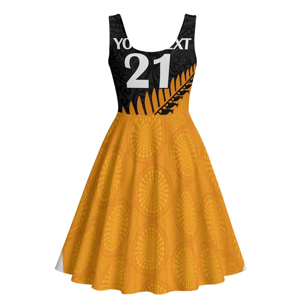 Australia New Zealand Rugby Midi Dress Gold Aboriginal Wallabies and Maori Black Fern - Aussie Hoodie