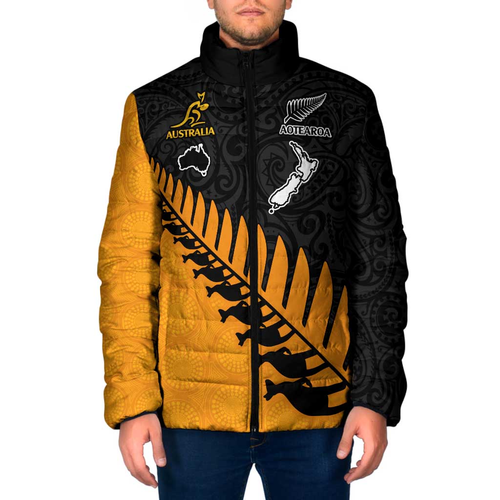 Australia New Zealand Rugby Padded Jacket Gold Aboriginal Wallabies and Maori Black Fern - Aussie Hoodie