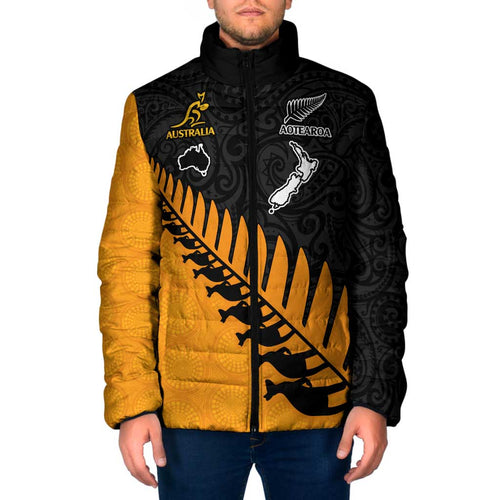 Australia New Zealand Rugby Padded Jacket Gold Aboriginal Wallabies and Maori Black Fern - Aussie Hoodie