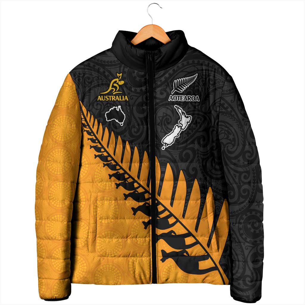 Australia New Zealand Rugby Padded Jacket Gold Aboriginal Wallabies and Maori Black Fern - Aussie Hoodie