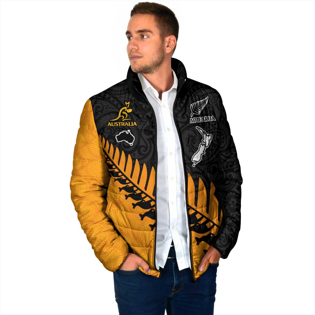 Australia New Zealand Rugby Padded Jacket Gold Aboriginal Wallabies and Maori Black Fern - Aussie Hoodie