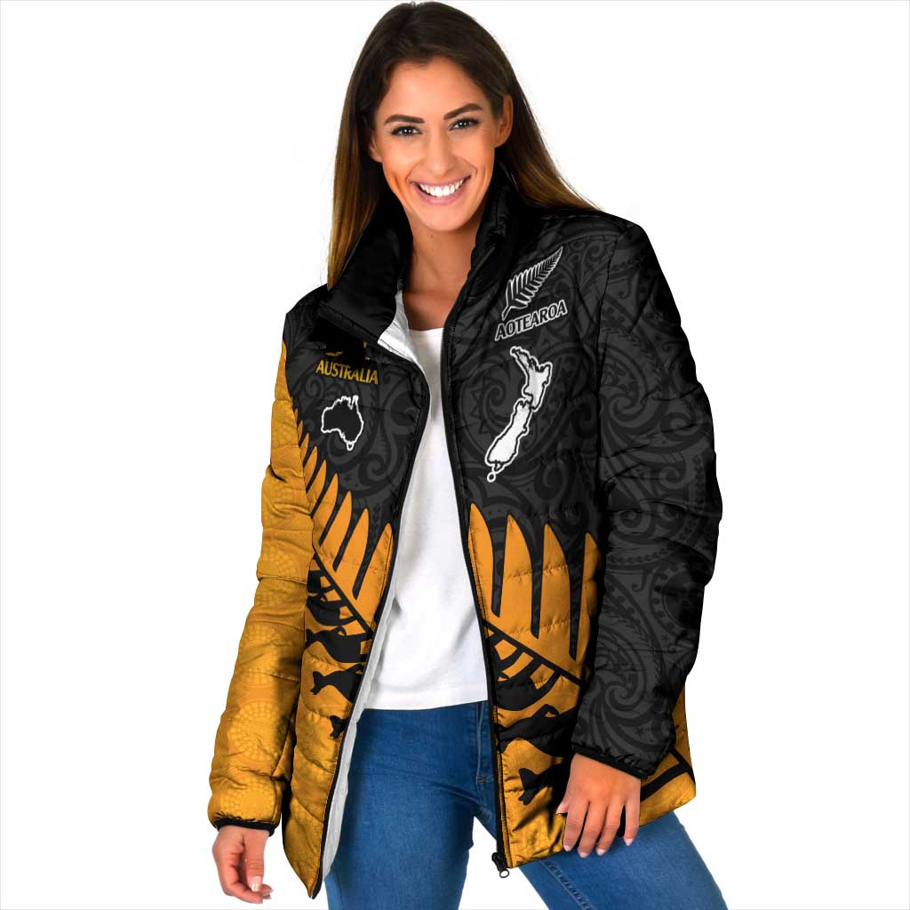 Australia New Zealand Rugby Padded Jacket Gold Aboriginal Wallabies and Maori Black Fern - Aussie Hoodie