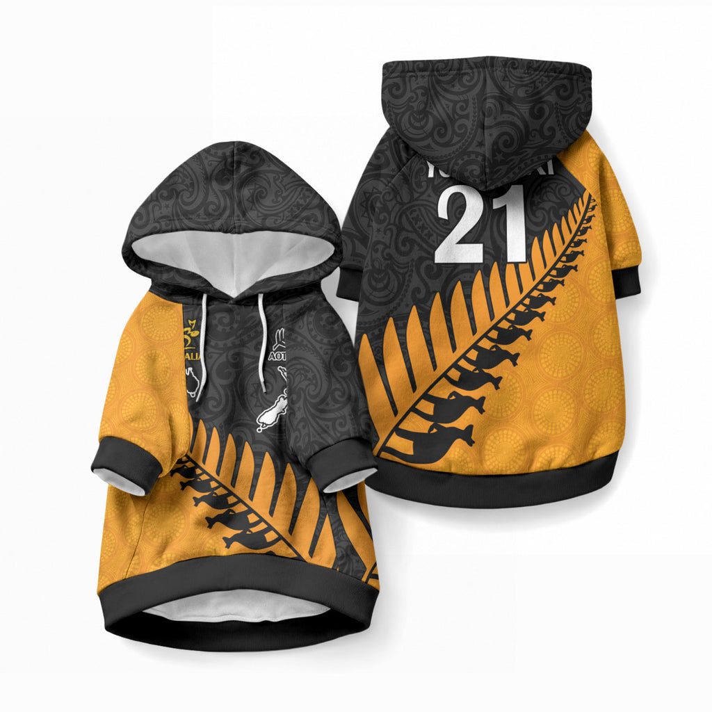 Custom Australia Wallabies and Aotearoa Rugby Pet Hoodie Kangaroo Black Fern Maori Gold Vibe