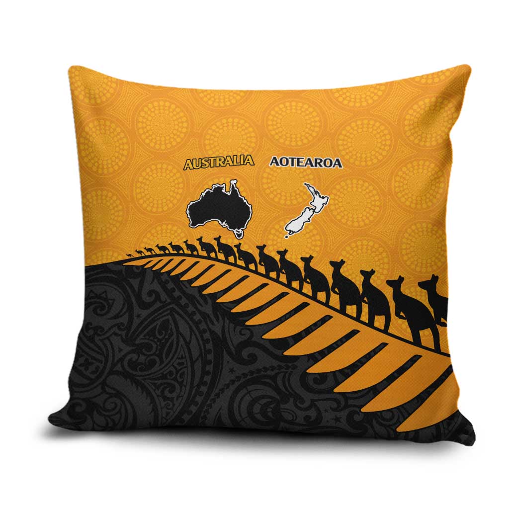 Australia New Zealand Rugby Pillow Cover Gold Aboriginal Wallabies and Maori Black Fern - Aussie Hoodie