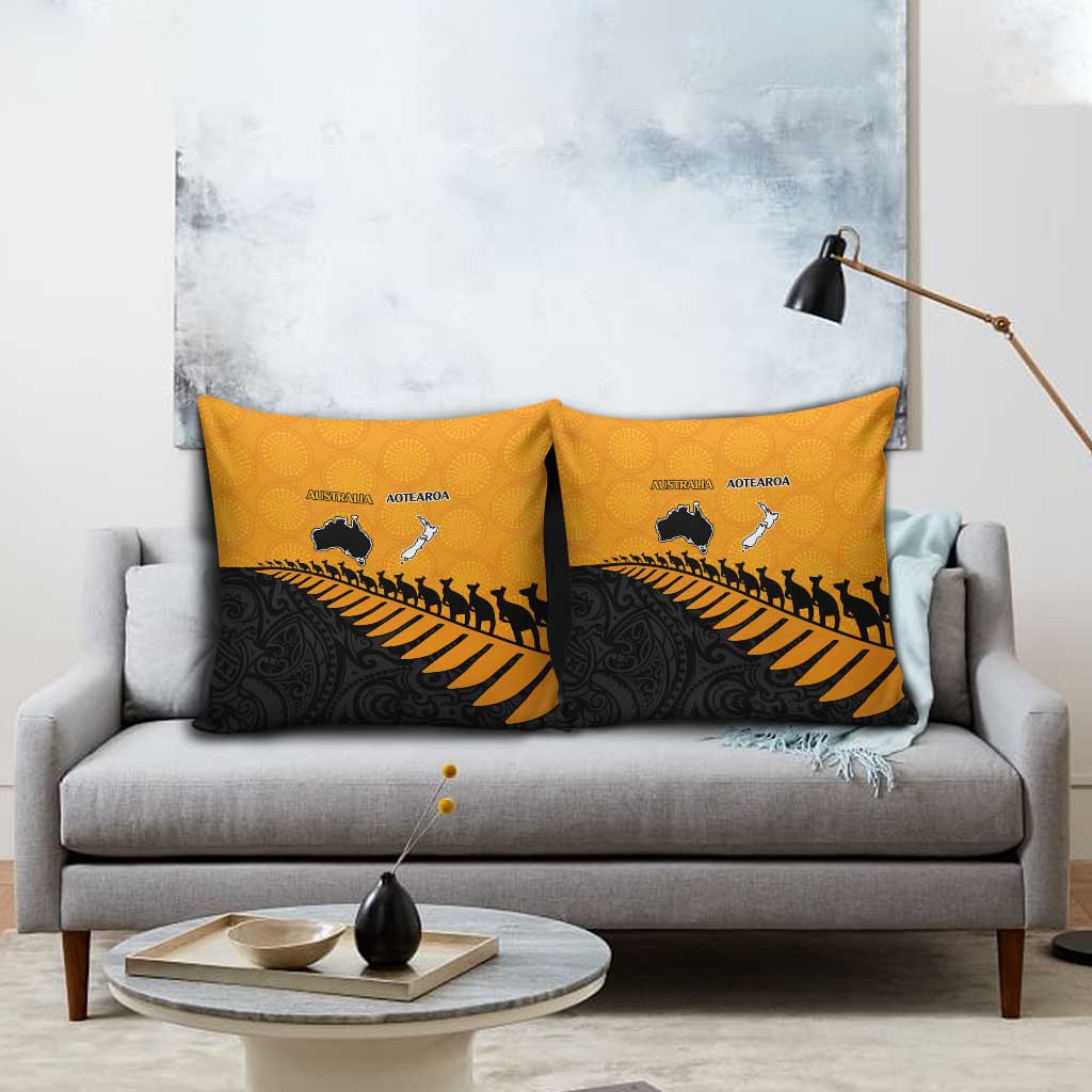 Australia New Zealand Rugby Pillow Cover Gold Aboriginal Wallabies and Maori Black Fern - Aussie Hoodie