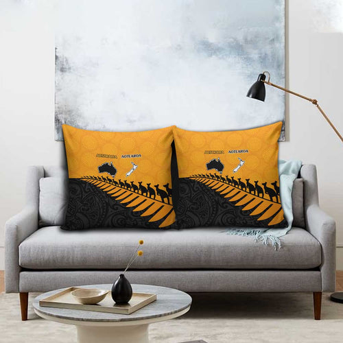 Australia New Zealand Rugby Pillow Cover Gold Aboriginal Wallabies and Maori Black Fern - Aussie Hoodie