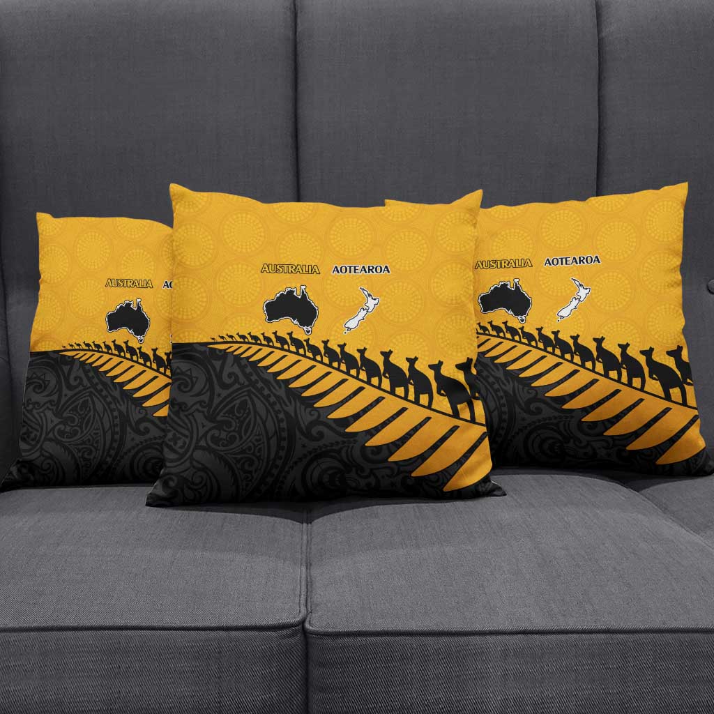 Australia New Zealand Rugby Pillow Cover Gold Aboriginal Wallabies and Maori Black Fern - Aussie Hoodie