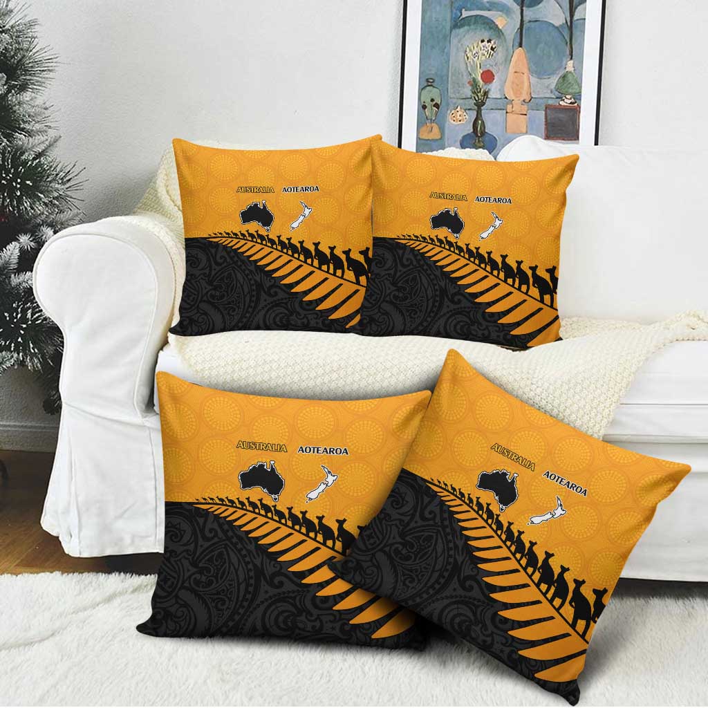 Australia New Zealand Rugby Pillow Cover Gold Aboriginal Wallabies and Maori Black Fern - Aussie Hoodie