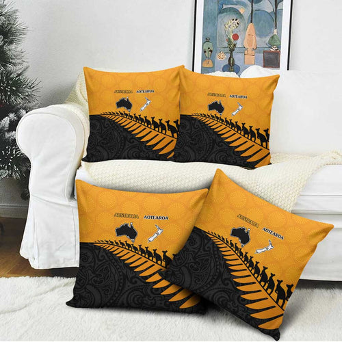 Australia New Zealand Rugby Pillow Cover Gold Aboriginal Wallabies and Maori Black Fern - Aussie Hoodie