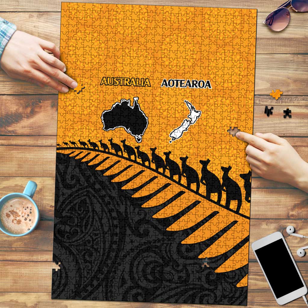 Australia New Zealand Rugby Puzzle Gold Aboriginal Wallabies and Maori Black Fern - Aussie Hoodie