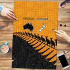 Australia New Zealand Rugby Puzzle Gold Aboriginal Wallabies and Maori Black Fern - Aussie Hoodie
