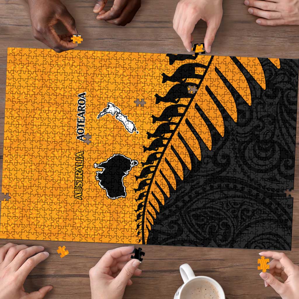 Australia New Zealand Rugby Puzzle Gold Aboriginal Wallabies and Maori Black Fern - Aussie Hoodie