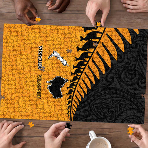 Australia New Zealand Rugby Puzzle Gold Aboriginal Wallabies and Maori Black Fern - Aussie Hoodie