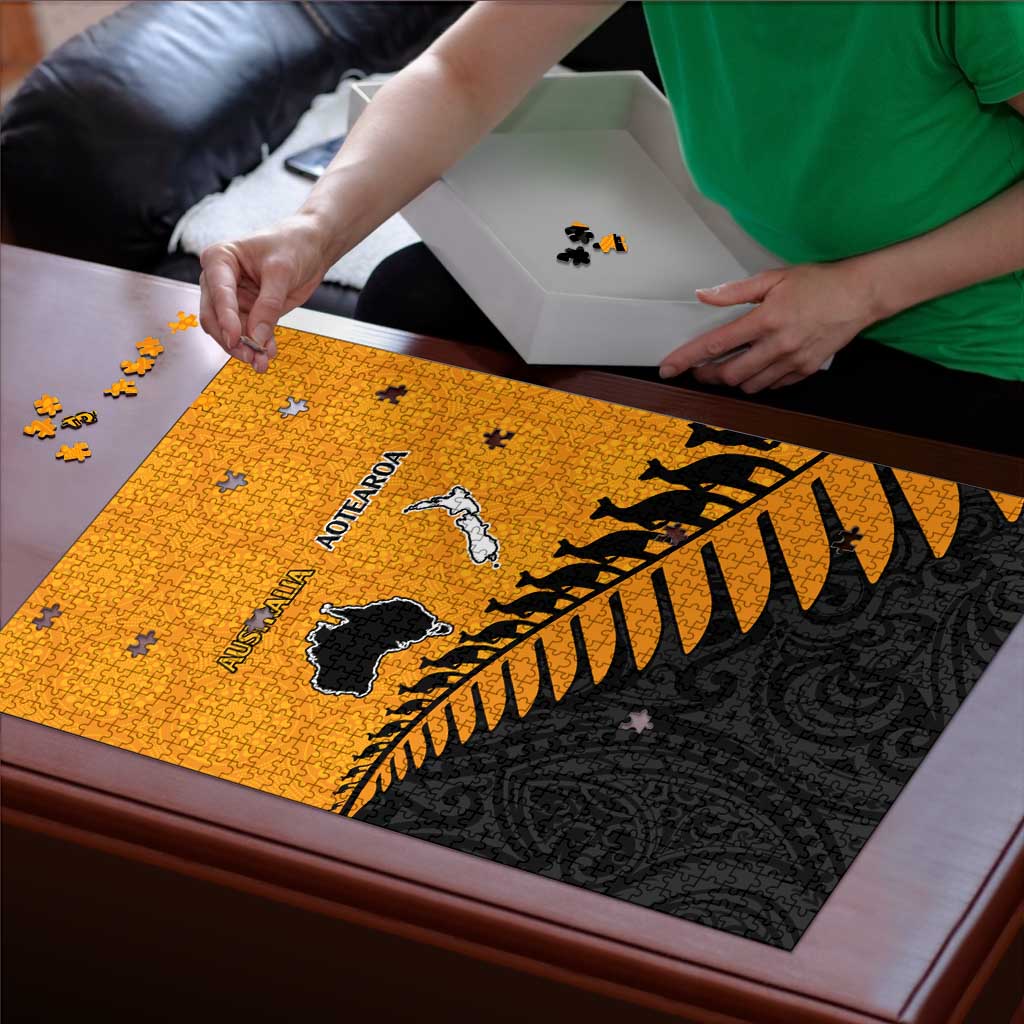 Australia New Zealand Rugby Puzzle Gold Aboriginal Wallabies and Maori Black Fern - Aussie Hoodie