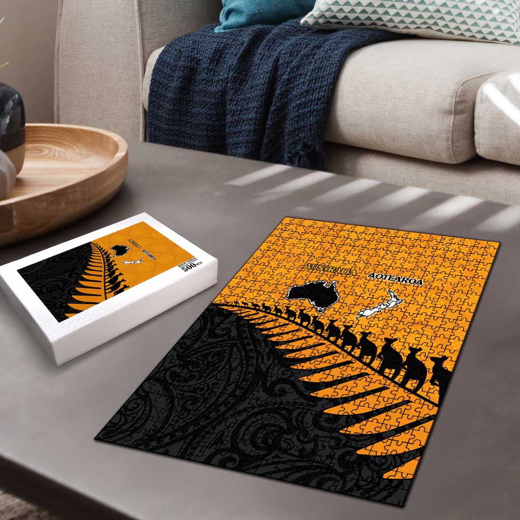 Australia New Zealand Rugby Puzzle Gold Aboriginal Wallabies and Maori Black Fern - Aussie Hoodie