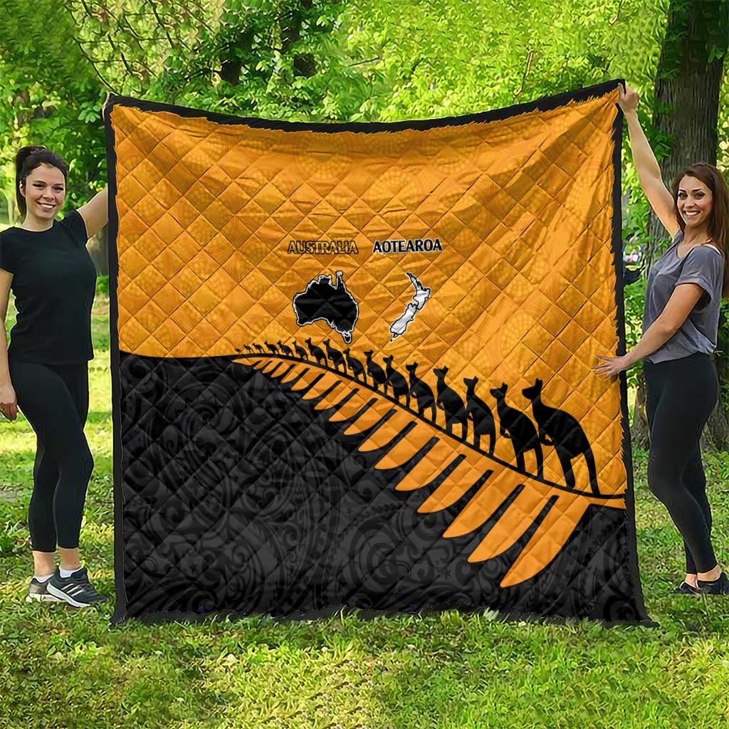 Australia New Zealand Rugby Quilt Gold Aboriginal Wallabies and Maori Black Fern - Aussie Hoodie