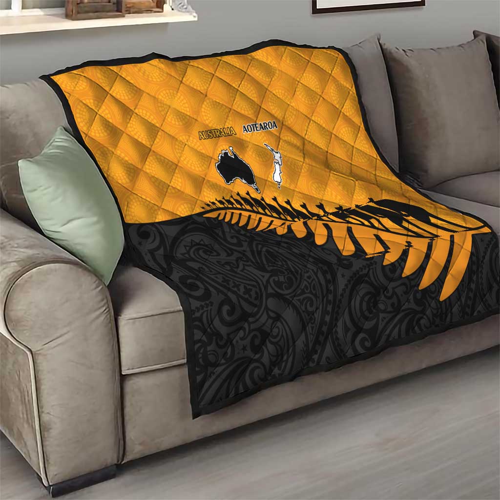 Australia New Zealand Rugby Quilt Gold Aboriginal Wallabies and Maori Black Fern - Aussie Hoodie