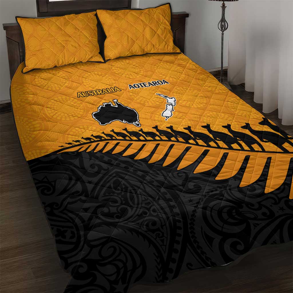 Australia New Zealand Rugby Quilt Bed Set Gold Aboriginal Wallabies and Maori Black Fern - Aussie Hoodie