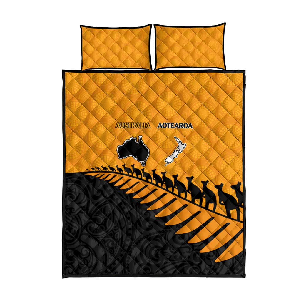 Australia New Zealand Rugby Quilt Bed Set Gold Aboriginal Wallabies and Maori Black Fern - Aussie Hoodie