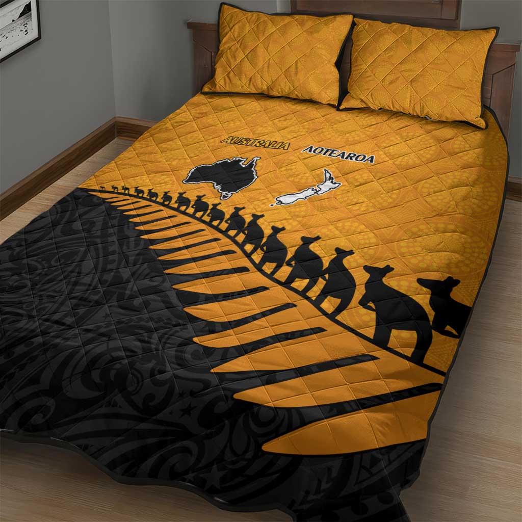 Australia New Zealand Rugby Quilt Bed Set Gold Aboriginal Wallabies and Maori Black Fern - Aussie Hoodie