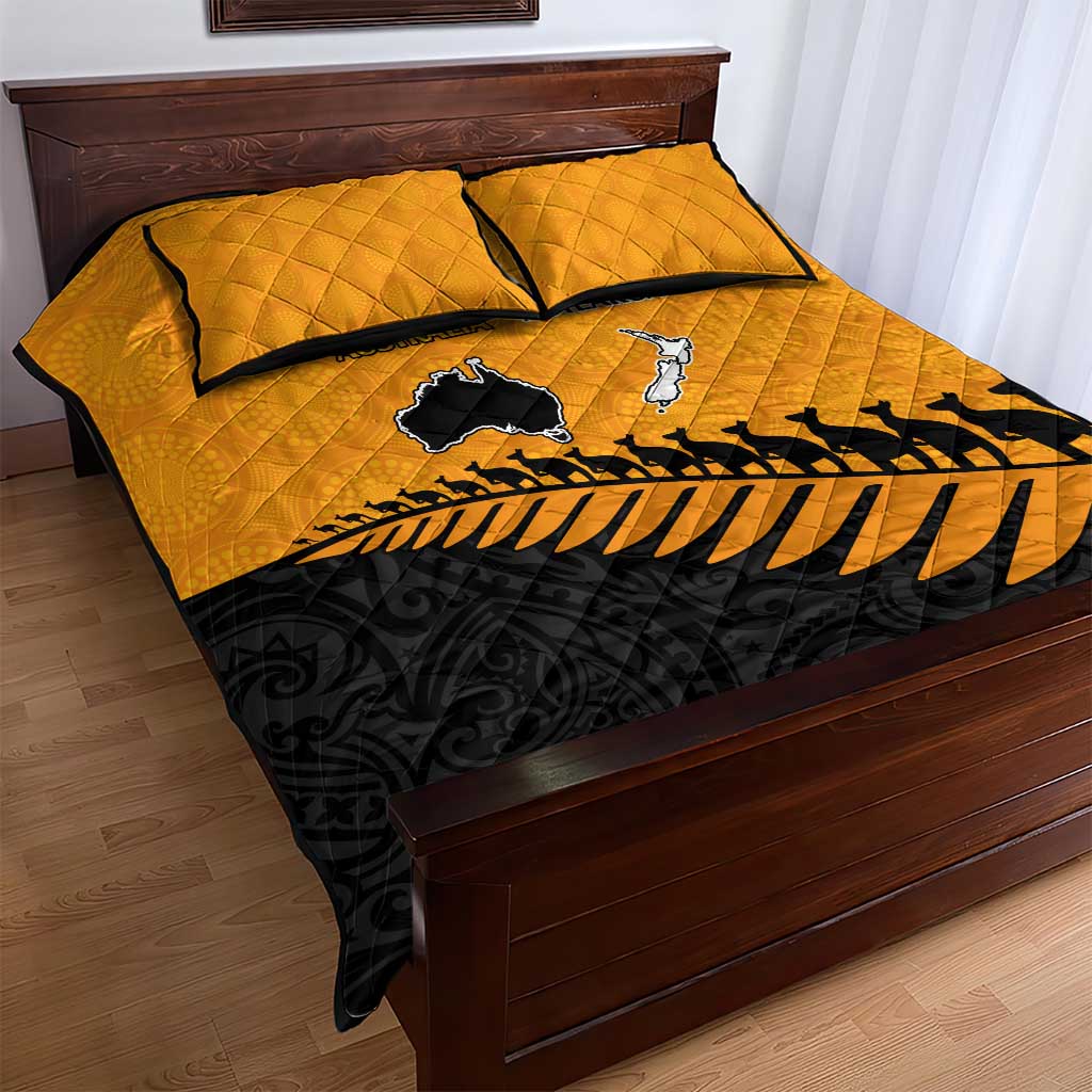 Australia New Zealand Rugby Quilt Bed Set Gold Aboriginal Wallabies and Maori Black Fern - Aussie Hoodie