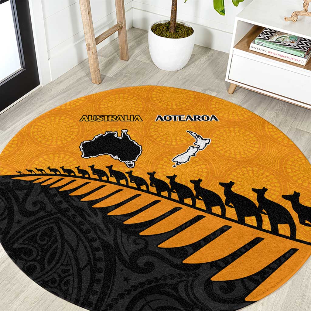 Australia New Zealand Rugby Round Carpet Gold Aboriginal Wallabies and Maori Black Fern - Aussie Hoodie