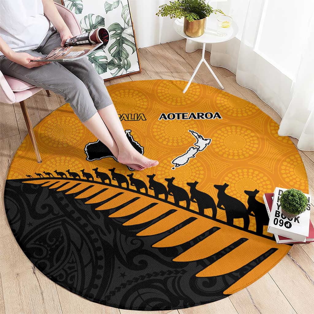 Australia New Zealand Rugby Round Carpet Gold Aboriginal Wallabies and Maori Black Fern - Aussie Hoodie