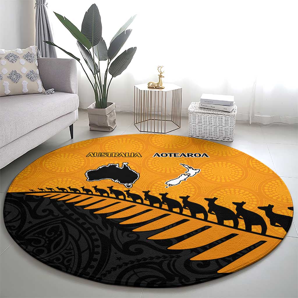 Australia New Zealand Rugby Round Carpet Gold Aboriginal Wallabies and Maori Black Fern - Aussie Hoodie