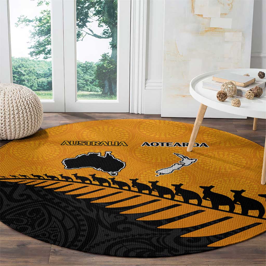 Australia New Zealand Rugby Round Carpet Gold Aboriginal Wallabies and Maori Black Fern - Aussie Hoodie